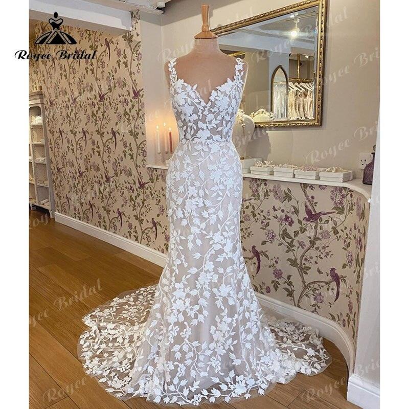 robe mariée sirene Spaghetti Straps Boho Wedding Dress Backless Lace Sweetheart Mermaid/Trumpet Beach Mariage Bridal Gown