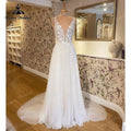 robes de soirée Beach Wedding Dress Deep V Neck Lace Appliqued Chiffon Tank Boho Wedding Party Gown vestido para boda playa
