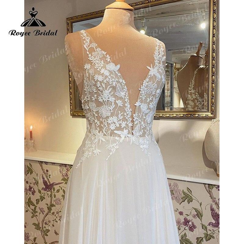 robes de soirée Beach Wedding Dress Deep V Neck Lace Appliqued Chiffon Tank Boho Wedding Party Gown vestido para boda playa