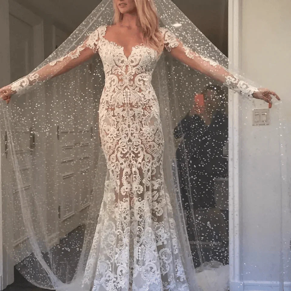 Romantic Long Appliques Backless Lace Mermaid Ivory Wedding Dresses