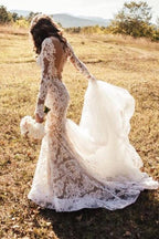 Romantic Long Appliques Backless Lace Mermaid Ivory Wedding Dresses
