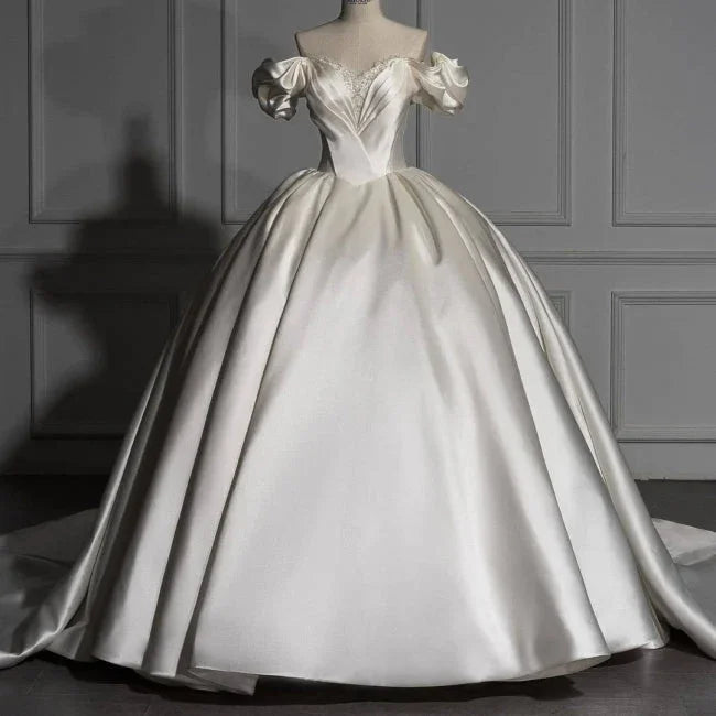 Romantic Off-the-shoulder Ball Gown Satin Wedding Dresses