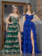 Princess A Line Off the Shoulder Corset Prom Dress with Lace Ruffles