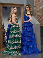 Princess A Line Off the Shoulder Corset Prom Dress with Lace Ruffles
