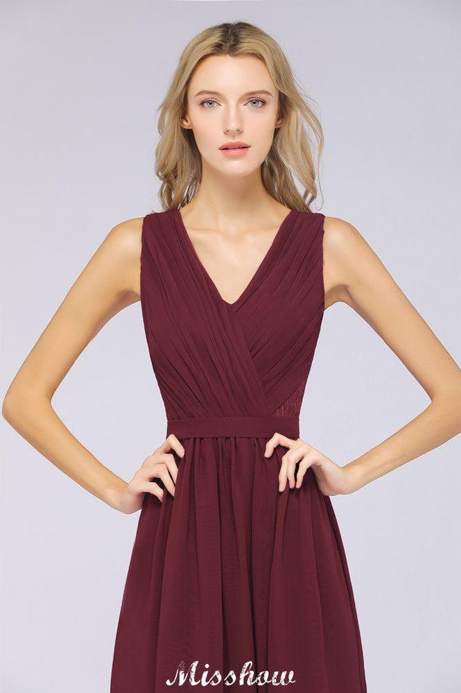 Ruffle A-Line Floor-Length Bridesmaid Dress Chiffon Lace V-Neck Evening Dress