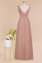 Ruffles V-Neck A-line Dusty Pink Bridesmaid Dresses | Sleeveless Floor-Length Evening Dresses
