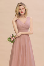 Ruffles V-Neck A-line Dusty Pink Bridesmaid Dresses | Sleeveless Floor-Length Evening Dresses