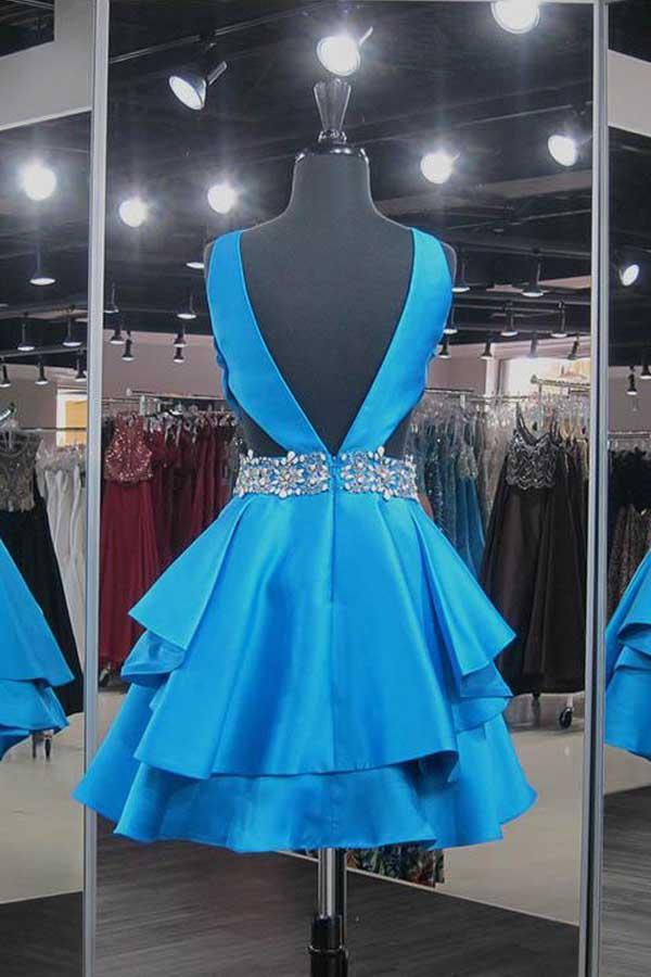 Satin V-Neck Short Homecoming Dresses with Beadings