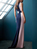 Mermaid Party Dress Evening Gown Color Block Dress Formal Evening Sweep / Brush Train Sleeveless Jewel Neck Fall Wedding Guest Chiffon with Sleek