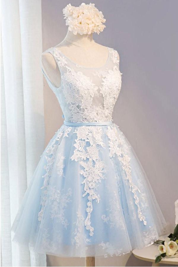 Scoop Neck Short Tulle Homecoming Dress Party Dress With Appliques Lace
