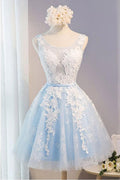 Scoop Neck Short Tulle Homecoming Dress Party Dress With Appliques Lace