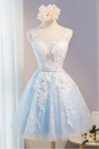 Scoop Neck Short Tulle Homecoming Dress Party Dress With Appliques Lace