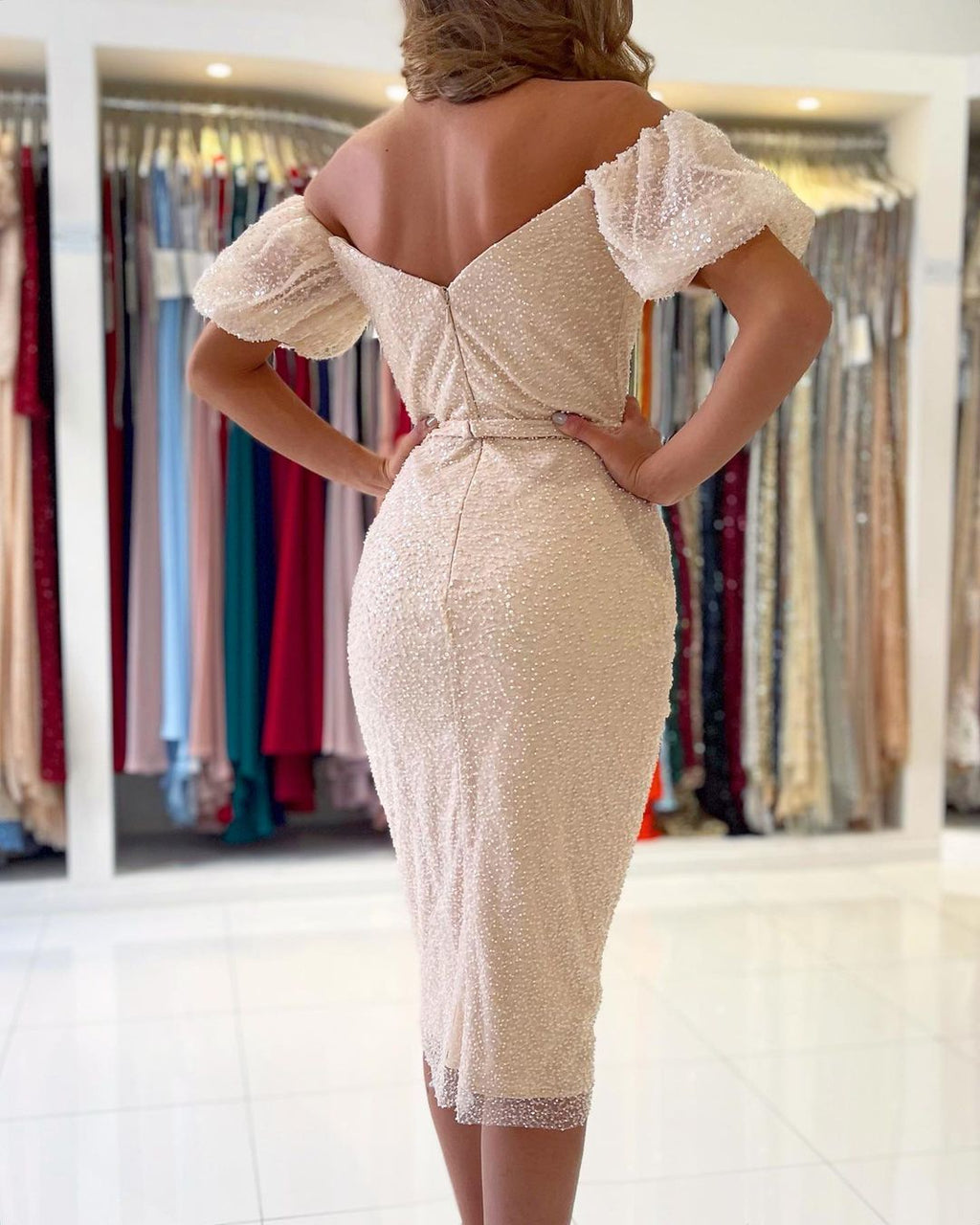 Sequins Short Prom Dress Split Ball DressesOff-the-Shoulder