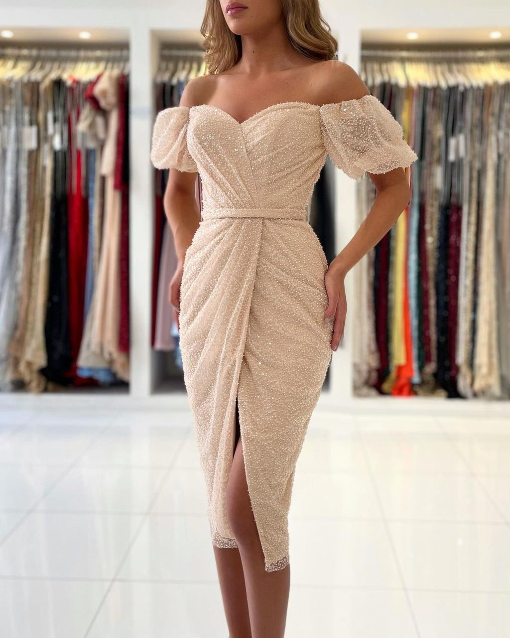 Sequins Short Prom Dress Split Ball DressesOff-the-Shoulder