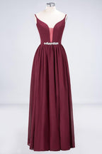 Sexy Double Deep V-Neck Ruffles Sleeveless Bridesmaid Dress Chiffon Side Split Evening Party Dress