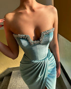 Sexy Long Strapless Crystal Split Front Velvet Prom Dress