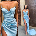 Sexy Mermaid Sweetheart Sky Blue Satin Long Prom Evening Dresses with High Split