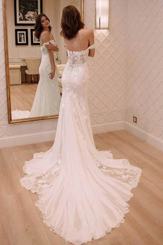 Sexy Off Shoulder Appliqued Beach with Court Train  Elegant Wedding Dresses