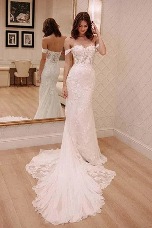 Sexy Off Shoulder Appliqued Beach with Court Train  Elegant Wedding Dresses
