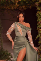 Sexy One Shoulder Beading Split Evening Dresses Long Prom Dresses With Long Sleeves