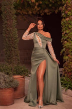 Sexy One Shoulder Beading Split Evening Dresses Long Prom Dresses With Long Sleeves