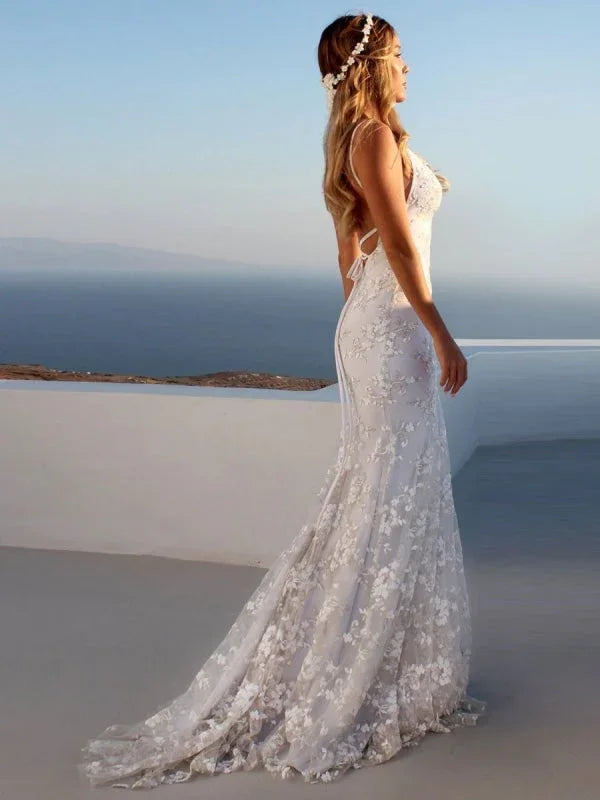 Sexy Pretty Mermaid Elegant Wedding Dresses V-Neck Backless Lace Bridal Dresses