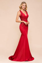 Sexy V-neck Sleeveless Mermaid Evening Maxi Gown Floral Appliques Party Dress with Sweep Train