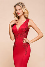 Sexy V-neck Sleeveless Mermaid Evening Maxi Gown Floral Appliques Party Dress with Sweep Train