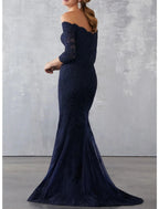 Mermaid Black Dress Plus Size Elegant Wedding Guest Formal Evening Dress Off Shoulder Half Sleeve Sweep / Brush Train Lace with Beading Lace Insert Appliques
