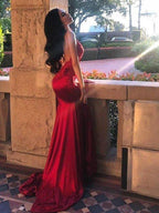 Sheath/Column Sleeveless Spaghetti Straps Applique Silk like Satin Prom Dresses