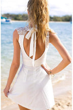 Short Open Back Stretch Satin Homecoming Dress with Lace