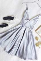 Simple A Line V Neck Light Satin Homecoming Dresses with Pockets