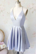 Simple A Line V Neck Light Satin Homecoming Dresses with Pockets