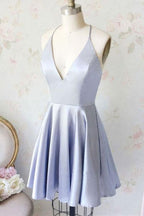 Simple A Line V Neck Light Satin Homecoming Dresses with Pockets