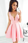 Simple A-Line V-Neck Short Pleated Satin Homecoming Dress