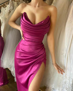 Simple Ankle Length Strapless Sexy Prom Dresses With Slit