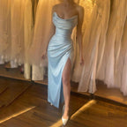 Simple Ankle Length Strapless Sexy Prom Dresses With Slit