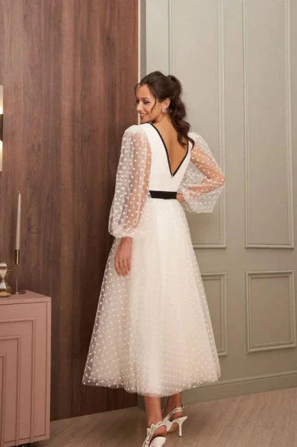 Simple Ankle-Length V-neck Wedding Dresses With Long Sleeves