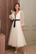 Simple Ankle-Length V-neck Wedding Dresses With Long Sleeves