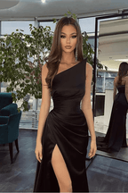 Simple Black Long One Shoulder Slit Mermaid Prom Dresses
