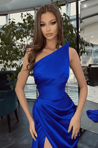 Simple Black Long One Shoulder Slit Mermaid Prom Dresses