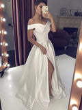 Simple Long A-line Off the Shoulder Satin Wedding Dresses with Slit