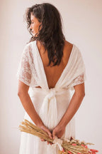 Simple Long A-line Open Back Sleeveless V-neck Lace Wedding Dress