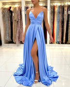 Simple Long Blue V-neck Spaghetti Straps Satin Evening Dresses With Slit
