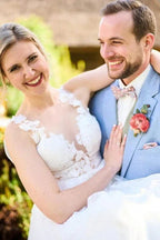 Simple Long A-line V-neck Sleeveless Tulle Lace Wedding Dress with Slit