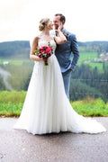 Simple Long A-line V-neck Sleeveless Tulle Lace Wedding Dress with Slit
