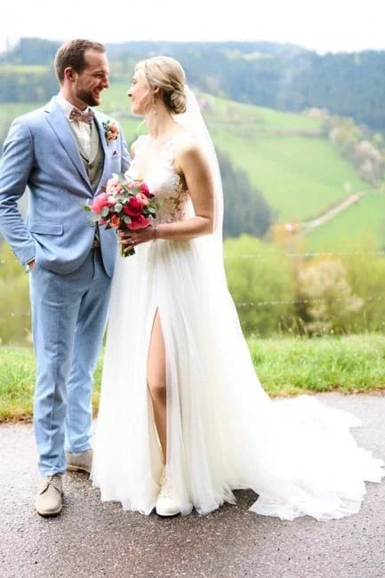 Simple Long A-line V-neck Sleeveless Tulle Lace Wedding Dress with Slit