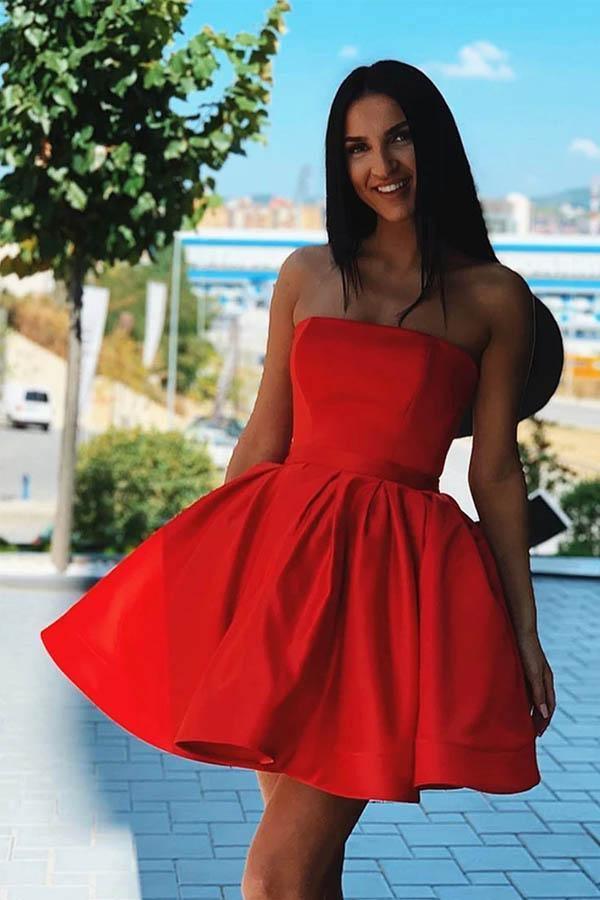 Simple Satin Strapless Short Formal Homecoming Dress