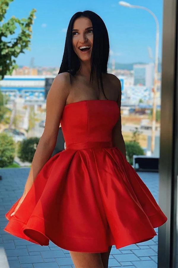 Simple Satin Strapless Short Formal Homecoming Dress