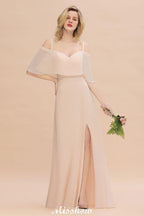 Simple Spaghetti Straps Tiered Bridesmaid Dresses | Side Slit A-Line Sleeveless Evening Maxi Dresses
